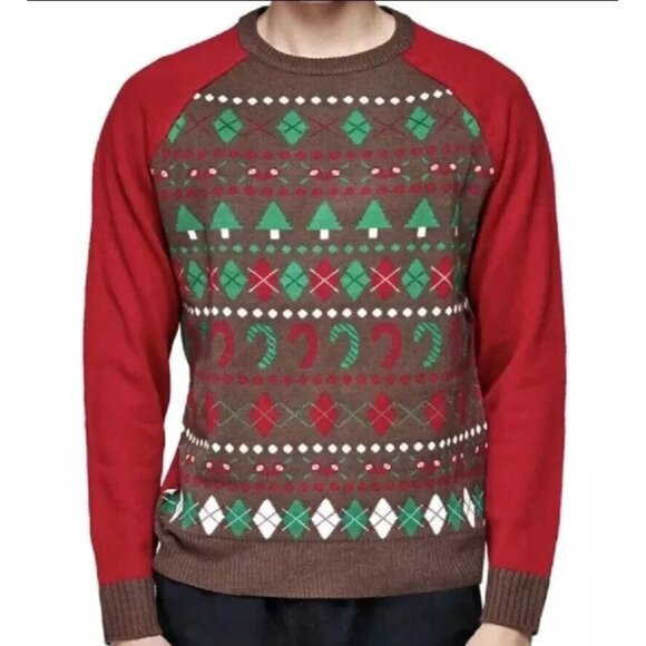 Blueberry Festive Ugly Christmas Sweater Brown Red Fair Isle Holidays Pullover - Picture 1 of 10